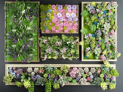 Colorful Living Plant Wall Panels Featuring Mixed Succulents Ferns Purple Pink Flower Varieties 3d model
