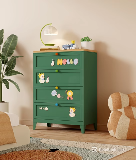 Green Chest of Drawers Featuring Colorful Knobs Cartoon Stickers Table Lamp Plant and Toy Car 3d model 