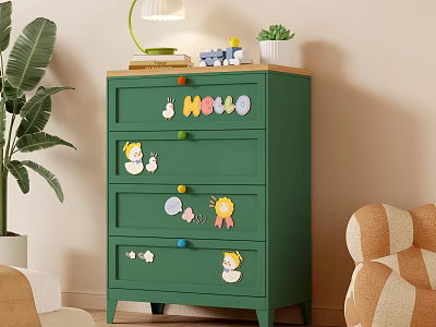 Green Chest of Drawers Featuring Colorful Knobs Cartoon Stickers Table Lamp Plant and Toy Car 3d model