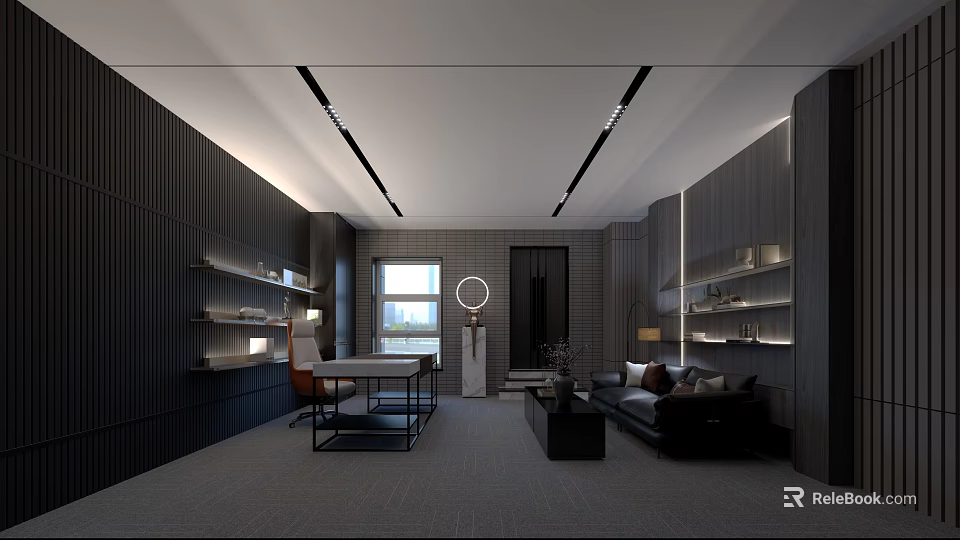 Modern Office Interior Design With Dark Furniture Desk Sofa Shelves Window And Lighting 3d model 