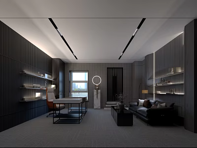 Modern Office Interior Design With Dark Furniture Desk Sofa Shelves Window And Lighting 3d model