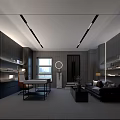 Modern Office Interior Design With Dark Furniture Desk Sofa Shelves Window And Lighting