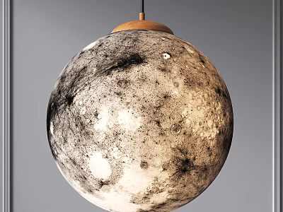 Modern Spherical Pendant Light with Moon Surface Texture and Wooden Top for Warm Ambient Lighting 3d model