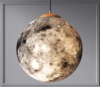Modern Spherical Pendant Light with Moon Surface Texture and Wooden Top for Warm Ambient Lighting 3d model