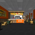 Fast Food Restaurant Interior With Orange Walls Menu Posters Order Counter And Wooden Tables