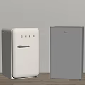 Modern White SMEG and Gray Midea Refrigerators in Minimalist Interior