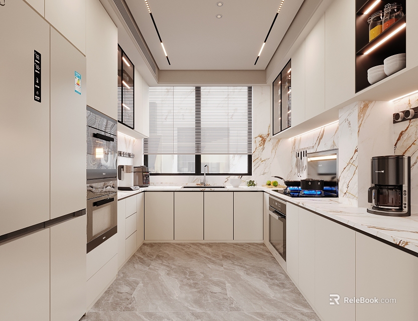 Modern Kitchen Interior With White Cabinets Marble Countertops Coffee Maker And Natural Light 3d model 