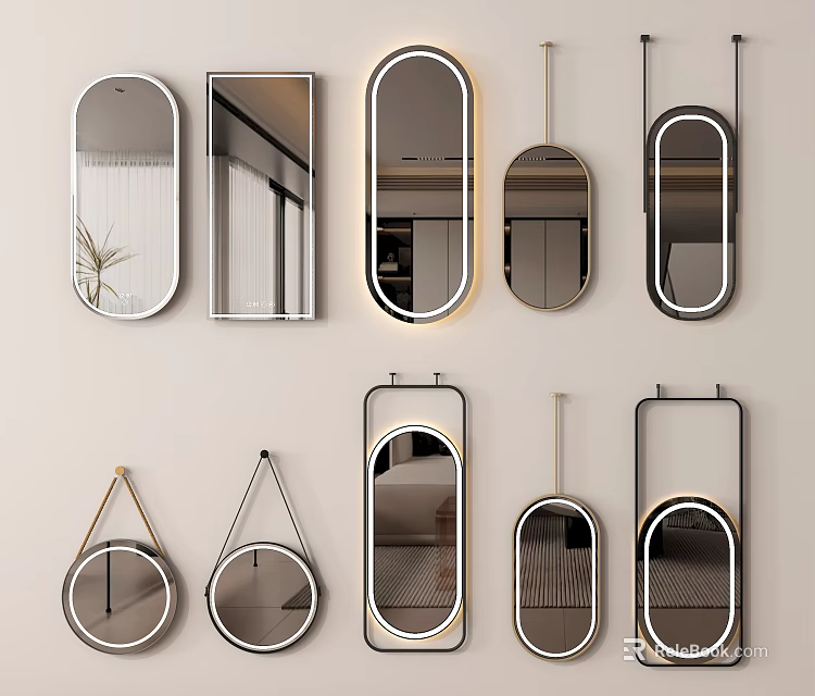 Modern Decorative Mirrors with Various Shapes and Metal Frames for Home Decor 3d model 
