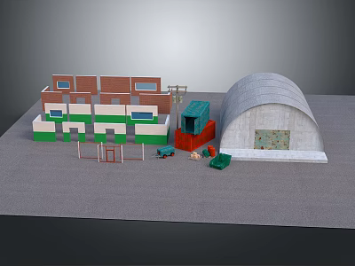 Cartoon Scene With Multi Story Red White Block Buildings Small Green House Dome And Vehicles 3d model