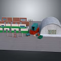 Cartoon Scene With Multi Story Red White Block Buildings Small Green House Dome And Vehicles