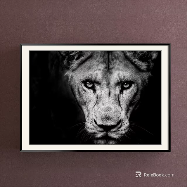 Black and White Lion Portrait Animal Painting Framed Wall Art With Sharp Eyes 3d model 