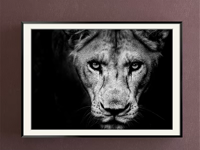 Black and White Lion Portrait Animal Painting Framed Wall Art With Sharp Eyes 3d model
