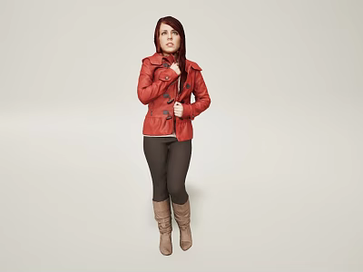 Stylish Woman In Red Jacket And Black Leggings With Brown Boots 3d model