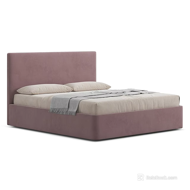 Double Bed with Pink Upholstered Headboard Light Colored Mattress Pillows and Throw Blanket 3d model 
