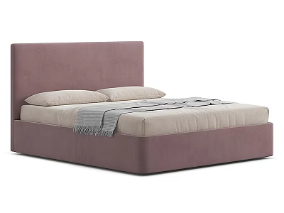 Double Bed with Pink Upholstered Headboard Light Colored Mattress Pillows and Throw Blanket 3d model