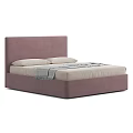 Double Bed with Pink Upholstered Headboard Light Colored Mattress Pillows and Throw Blanket