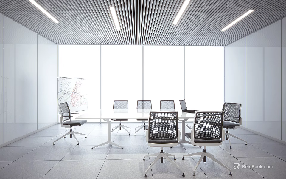 Modern Conference Room Interior With Large Windows Linear Lights And Mesh Chairs 3d model 