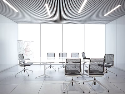 Modern Conference Room Interior With Large Windows Linear Lights And Mesh Chairs 3d model