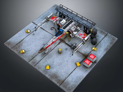 Spacecraft Ground Support Equipment For Space Mission With Metal Platform And Warning Signs 3d model