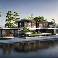 Modern Detached Villa Waterfront Sunset Reflection Glass Facade Trees And Evening Lighting
