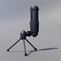 Black Microphone With Tripod Stand On Sleek Gray Background Surface