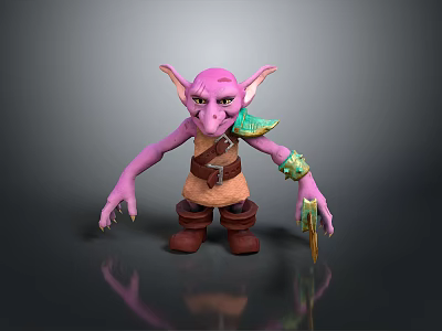 Children's Purple Monster Cartoon Character 3D Model With Big Ears Green Armor And Dagger 3d model