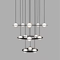 Modern Contemporary Chandelier With Multiple White Spherical Bulbs And Black Metal Frame In Layered Design