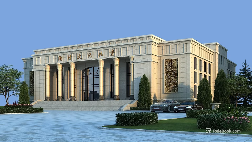 Modern Cultural Center Architecture With Columns Grand Entrance And Stone Facade Design 3d model 