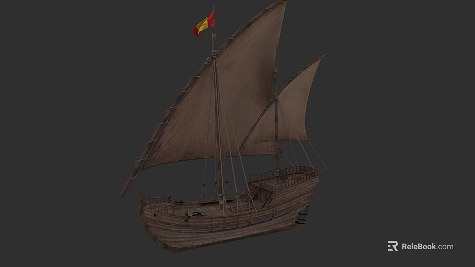 Sailing Ship With Two Large Sails Wooden Hull And Red Yellow Flag 3d model 