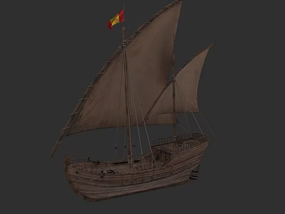 Sailing Ship With Two Large Sails Wooden Hull And Red Yellow Flag 3d model