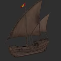 Sailing Ship With Two Large Sails Wooden Hull And Red Yellow Flag