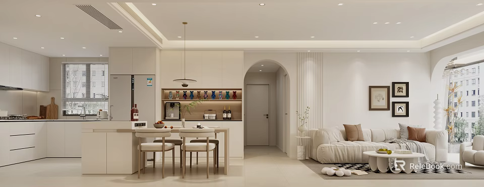 Modern Dining and Living Room with White Cabinets Dining Table Chairs Sofa and Pendant Light 3d model 