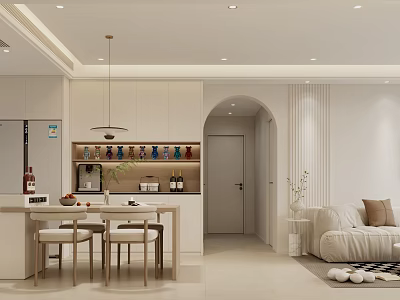 Modern Dining and Living Room with White Cabinets Dining Table Chairs Sofa and Pendant Light 3d model