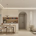 Modern Dining and Living Room with White Cabinets Dining Table Chairs Sofa and Pendant Light