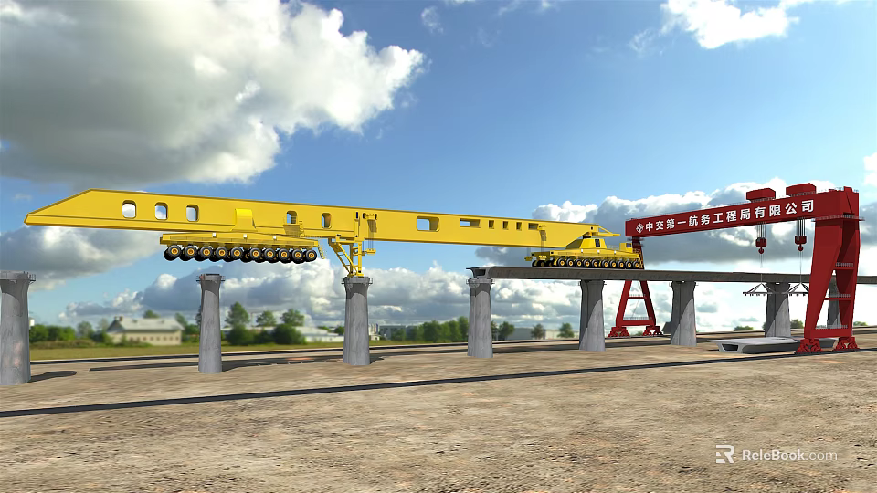 Yellow Bridge Girder Launcher Industrial Equipment On Concrete Piers Construction Site 3d model 