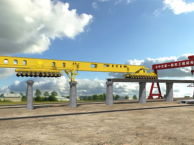 Yellow Bridge Girder Launcher Industrial Equipment On Concrete Piers Construction Site 3d model