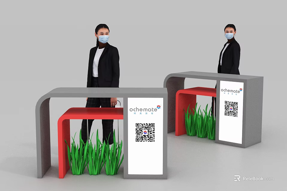 Gray And Red Reception Desk With Green Grass Decoration QR Code Sign And Masked Staff 3d model 