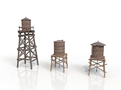 Three Wooden Water Tower Models With Different Sizes And Wooden Frames 3d model