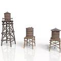 Three Wooden Water Tower Models With Different Sizes And Wooden Frames 3d model