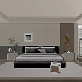Modern Minimalist Bedroom Double Bed with Gray Headboard White Bedding Nightstand Lamp and Rug