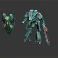 Detailed Green Mechanical Robot Model With Shield And Sword Accessory