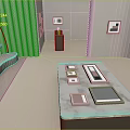 Cartoon Interior Scene With Light Colored Sofa Floor Lamp Wall Art And Table Items