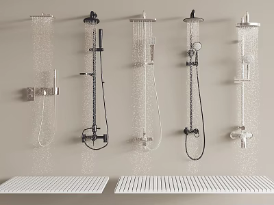 Wall Mounted Shower Faucet Systems With Various Designs Water Flow And White Bases 3d model