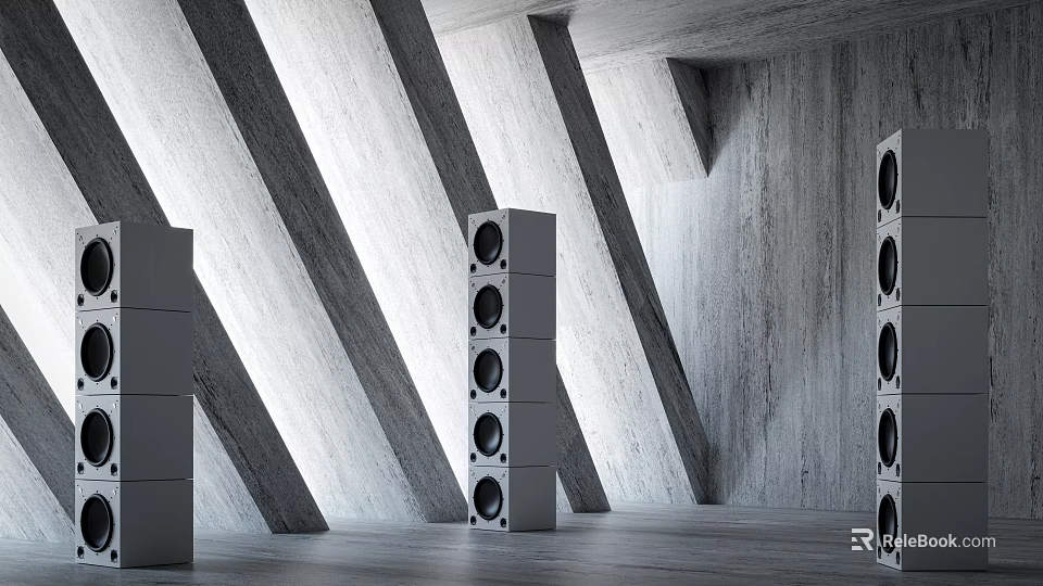 Modern Geometric Room Interior With Tall Speaker Towers And Concrete Walls Design 3d model 