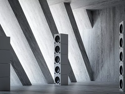 Modern Geometric Room Interior With Tall Speaker Towers And Concrete Walls Design 3d model