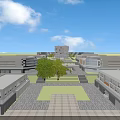 Modern School Buildings With Green Lawn Trees Blue Sky And White Clouds