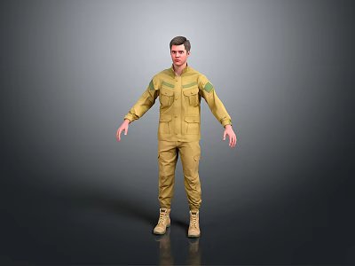Man Wearing Yellow Military Style Uniform With Pockets Standing Against Gray Background 3d model