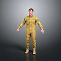 Man Wearing Yellow Military Style Uniform With Pockets Standing Against Gray Background