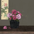 Black Ceramic Vase With Pink Purple Peonies On Wooden Table And Background Peony Butterfly Painting
