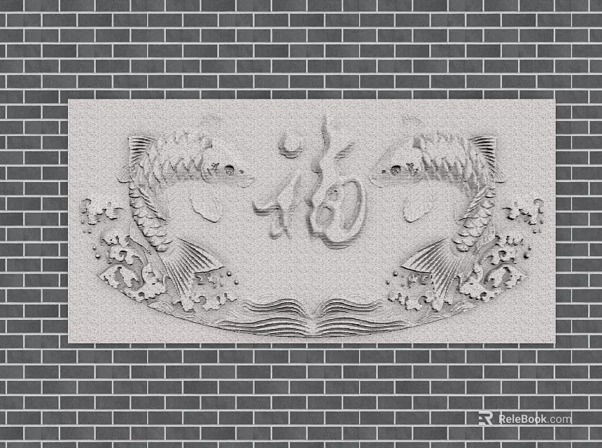 Traditional Stone Relief With Two Fish Fu Character And Decorative Patterns On Brick Wall 3d model 